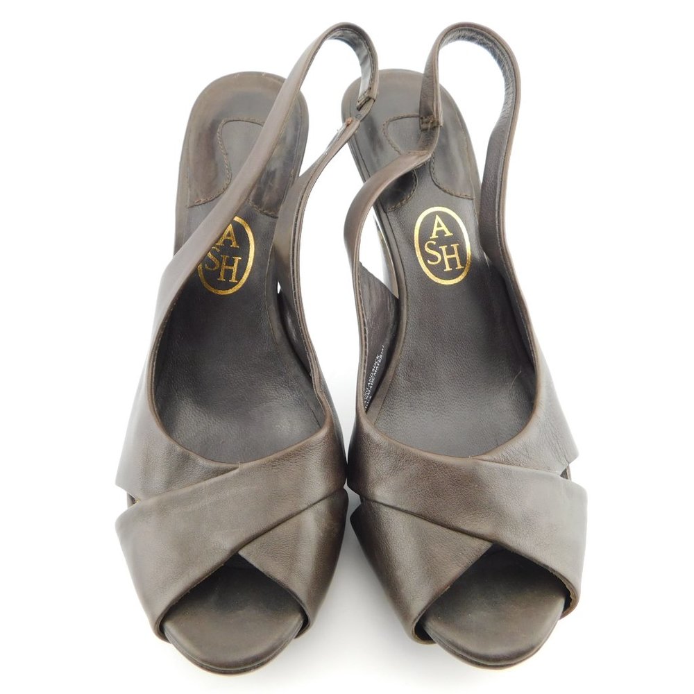 ASH Brown Leather Open Toe Crisscross Sling Back Heel Sandal Pumps 39